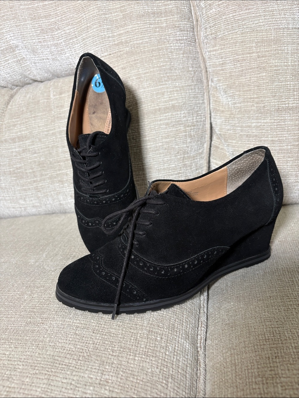 Ellen Tracy Black Suede Lace-Up Wedge Oxford Shoes - Women Sz 6.5